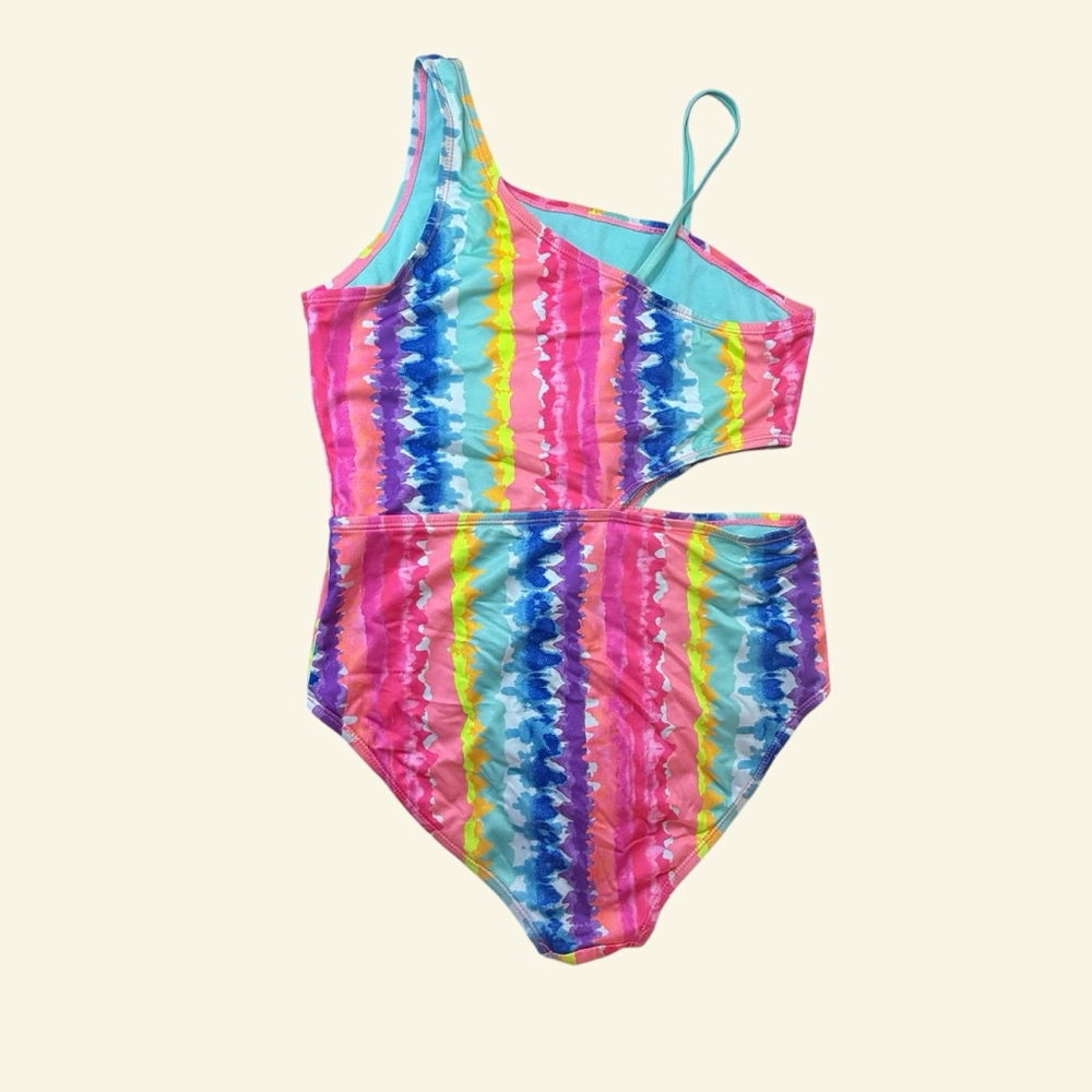 Girls Breaking Waves One Piece Swimsuit 16 Pink Blue Tie-Dye
